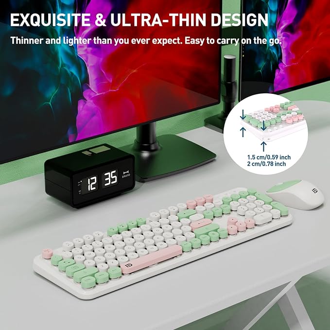 Keyboard and Mouse Wireless,2.4Ghz Retro Typewriter Style Round Keycap,Full Size Wireless Keyboard Mouse Combo,Cute Cordless Keyboard Mouse Set for PC Laptop Desktop Computer-Milk White Green Colorful