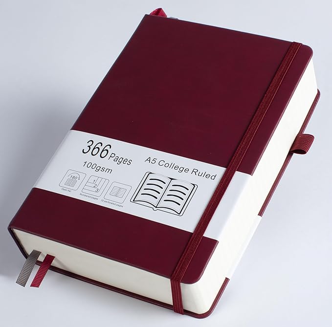 Thick College Ruled Notebook with 366 Numbered Pages, A5 Journals for Writing with 100GSM Lined Paper, Hardcover Leather Notebooks for Women Men School Note Taking Office Work Diary (Bungandy)