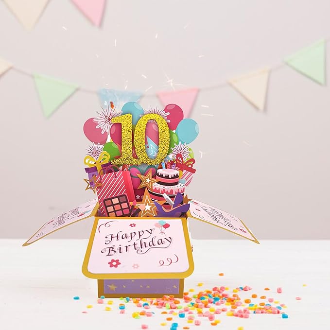 Asmallgf Happy 10th Birthday Popup Card for Daughter Niece, Best Birthday Gift for 10 Years Old Girl Boy, Sweet 10 Birthday Decorations for Him Her