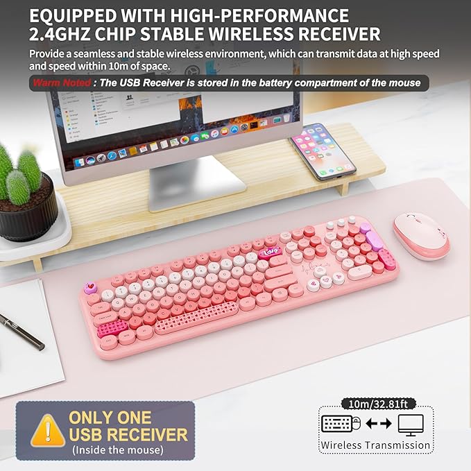 Wireless Keyboard and Mouse Combo, 104 Round Keys Full-Size Cute Colorful Pink Cordless Keyboard and Mouse with Retro Typewriter for PC/Mac/Laptop/Tablet/Computer/Windows Pink