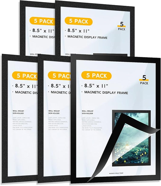 5 Pack Magnetic Sign Holder 8.5 x 11'' Letter Self-Adhesive Magnetic Wall Mount Sign Holder for Wall Window Office Poster Store Restaurant