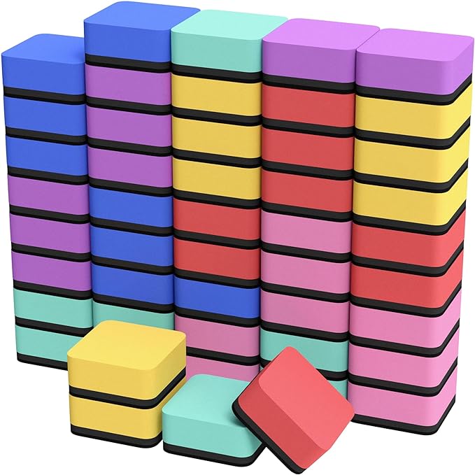 MaxGear 48 Pack Dry Erase Erasers, Magnetic Whiteboard Dry Erasers for Classroom, Mini Whiteboard Cleaning Pads, Chalkboard Wiper Teacher Supplies for School, Office, Home （6 Color Set, 2 x 2 Inch