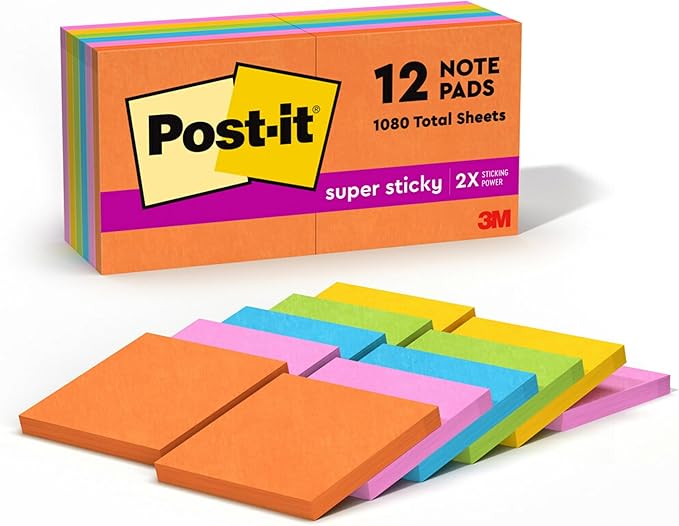Post-it Super Sticky Notes, 12 Sticky Note Pads, 3 x 3 in., School Supplies, Office Products, Sticky Notes for Vertical Surfaces, Monitors, Walls and Windows, Energy Boost Collection
