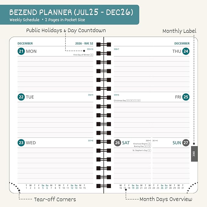 BEZEND Pocket Planner 2025-2026 Weekly and Monthly, 3.5" x 6" Academic Planner (Jul 25-Dec 26) 18-Month Mid-Year Calendar Book, Storage Pocket, Pen Holder, PU Leather Softcover, Spiral - Orange