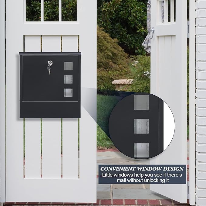 KYODOLED Locking Mailbox Wall Mount, Locked Mail Boxes, Mailbox with Key Lock for Outside, Large Capacity Drop Box for Newspapers, 13 x 3.4 x 11.8 Inch, Black