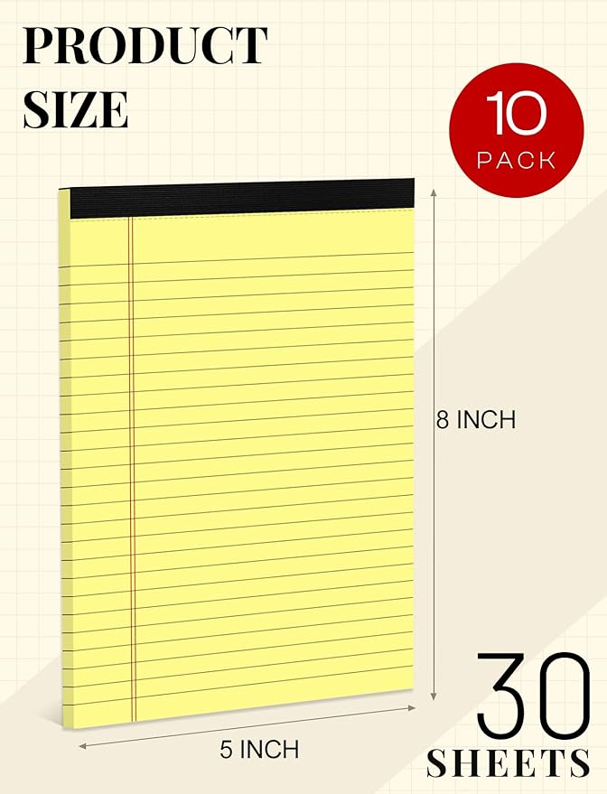 Small Legal Pads 5x8 Yellow 10 Pack Small Note Pads 5x8 College Ruled Yellow Notepads 80 GSM Lined Pads of Paper Notebook for Work Yellow Small Tablets Paper 5x8 Narrow Ruled Legal Pad 30 Sheets/Pad