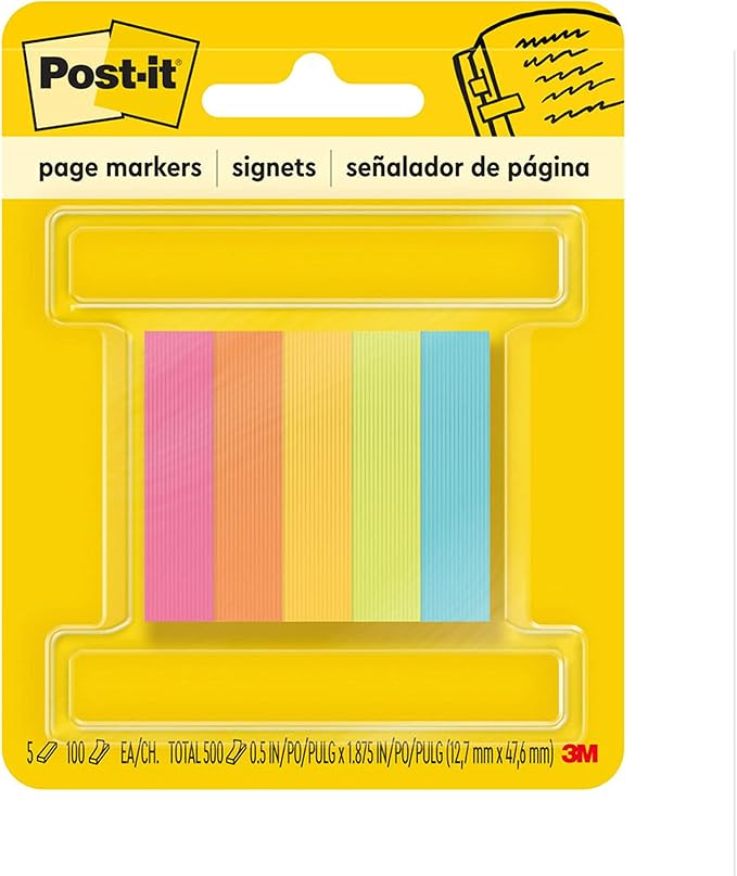 Post-it Page Markers, Assorted Colors, 1/2 in x 2 in, 100 Sheets/Pad, 5 Pads/Pack (670-5AN)