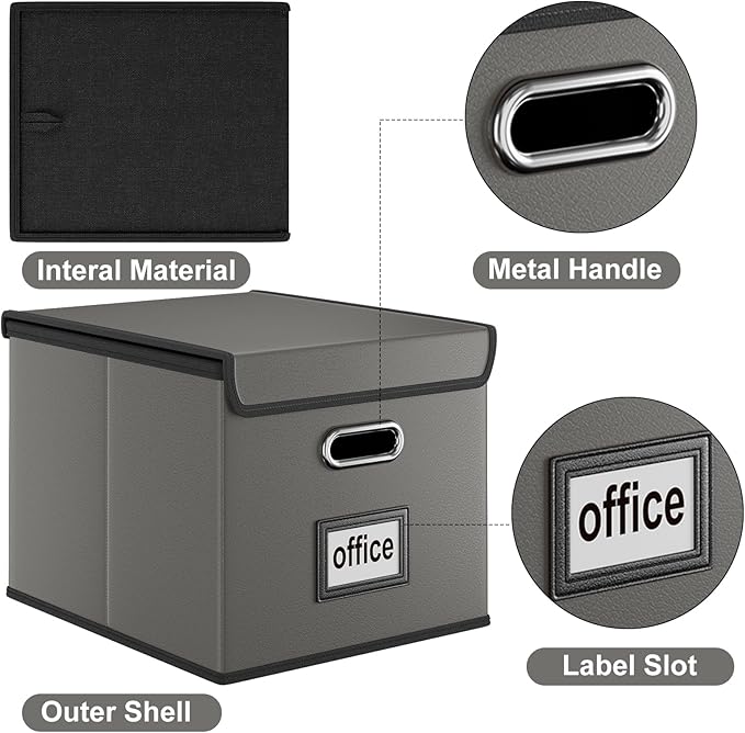 Huolewa Portable Leather File Organizer Boxes with Lids, Office Document Boxes Organizer, Filing Boxes, Decorative Small File Boxes for Hanging Files with Plastic Slide for Office/Decor/Home