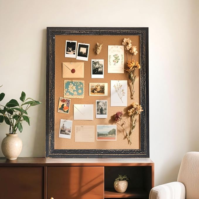 Cork Board Bulletin Board - 24" x 18" - Rustic Black Frame Corkboard for Wall - Decorative Pin Board, Message Board, Vision Board, Picture Board, Photo Board