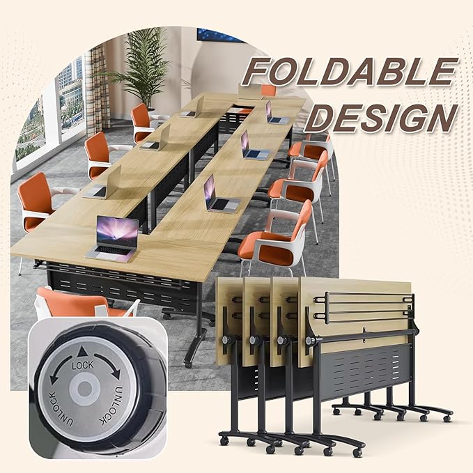Folding Conference Room Table, Modern Conference Tables with Wheels, Large Rectangular Mobile Training Tables for Office Classroom, Foldable Modular Boardroom Seminar Table Maple (8pack L55.1in)