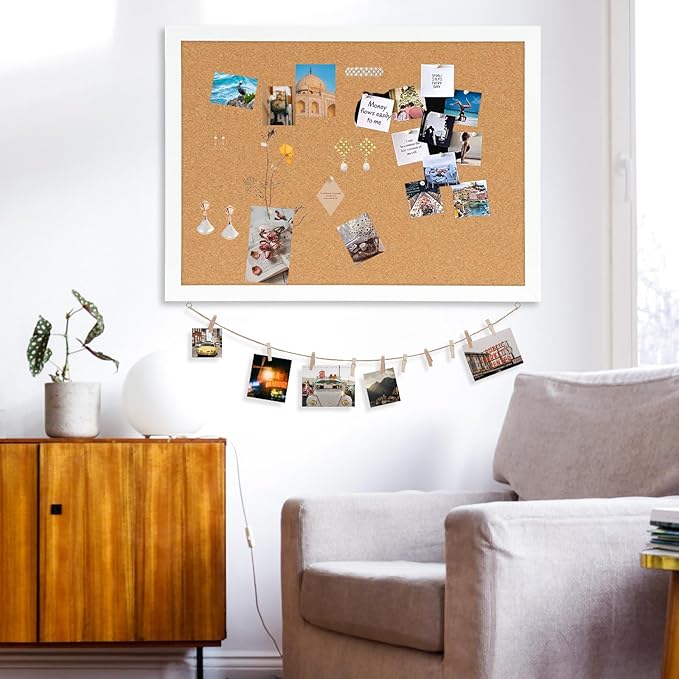 DOLLAR BOSS Cork Board Bulletin Board with Linen Double-Sided 36" x 24" Linen Corkboards for Walls Picture Display Vision Board for Office Home School Framed Picture Pin Board, 20 Pushpins 10 Clips