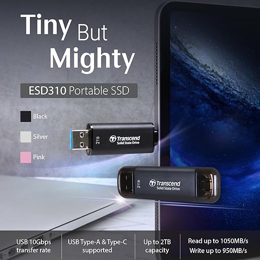 Transcend 1TB External SSD, Up to 1,050MB/s, USB 3.2 Gen 2 Portable SSD, 2-in-1 Type C &Type A, USB Hard Drive for Steam Deck, ROG Ally, MSI Claw, Windows&Mac, iPhone&iPad, Android, PS5&Xbox, Smart TV