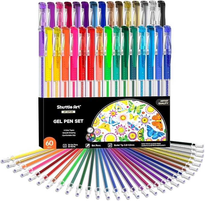 Shuttle Art Gel Pens, 60 Pack Gel Pen Set 30 Colored Gel Pen with 30 Refills for Adults Coloring Books Drawing Doodling Crafts Scrapbooking Journaling