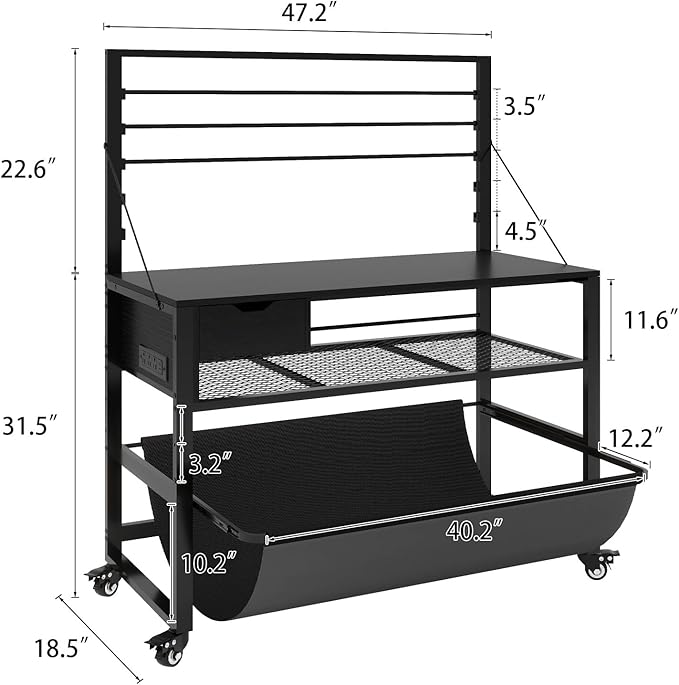 Natwind Wide Format Printer Stand, Plotter Workbench Table with Pull-Out Drafting Storage, Roll Paper Holder, Accessory Drawer, Adjustable Storage Shelf for Plotters and Cutting Machines (Black)