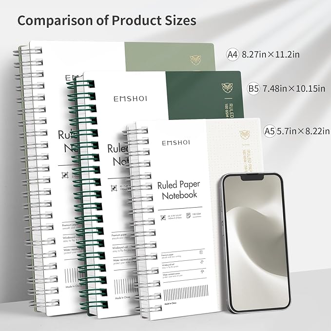EMSHOI Lined Journal A4 Spiral Notebook, College Ruled Notebook, 300 Pages/150 Sheets, 100gsm Acid-Free Paper, Waterproof Softcover Notebook for School, Work, Writing, 8.27" × 11.2" - Transparent
