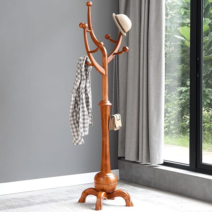 Coat Rack Freestanding Wood Tree Rack with 8 Hooks, Creative Design Tree Branch-look, Coat Tree Clothes Hanger Stand with Stable Sphere Base for Entryway, Hallway, Bedroom - Load 160lbs (Light Brown)