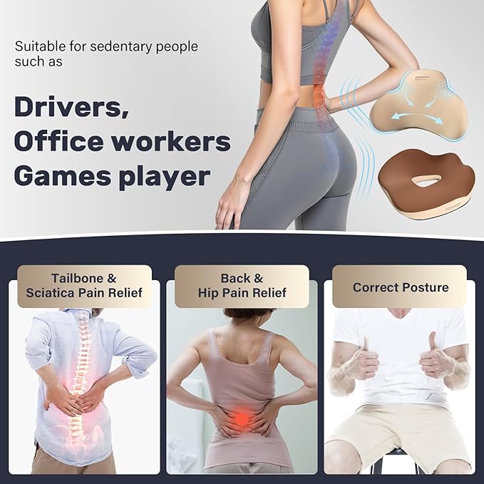 Coverado Seat Cushion and Lumbar Support Pillow for Car Office Chair, Ergonomic Memory Foam Desk Chair Cushion Back Support Pillow, Sciatica & Back & Tailbone Pain Relief Cushion-Beige