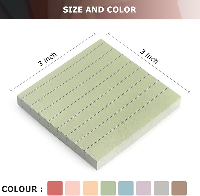 8 Pads Lined Sticky Notes Vintage Color 3x3 in, Self-Stick Sticky Note Pads Lined Pads 8 Pads/Pack, 640 Sheets, Easy to Paste for Office, School, Home