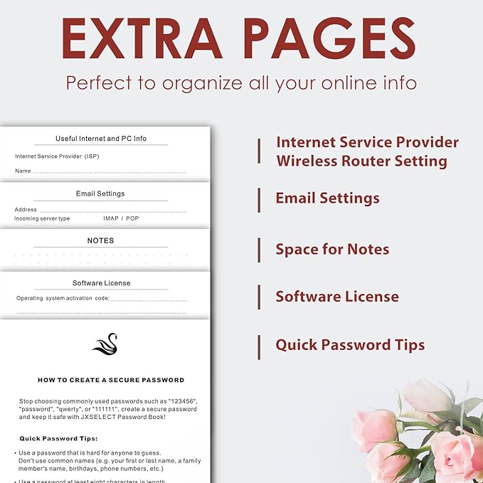 Elegant Password Book with Alphabetical Tabs - Hardcover Password Book for Internet Website Address Login - 5.2" x 7.6" Password Keeper and Organizer w/Notes Section & Back Pocket (Wine Red)