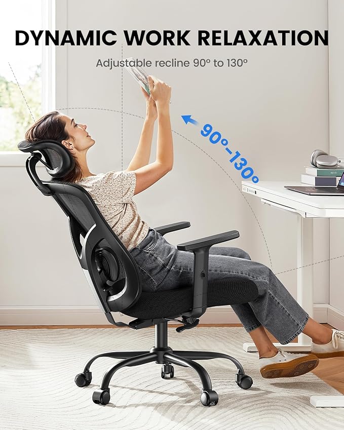 NOBLEWELL Ergonomic Office Chair with Padded Lumbar Support, 2D Headrest, Adjustable Armrests, Upgraded Contoured Seat Cushion, 130° Rocking Tilt, Computer Chair for Home Office, NWOC1-1