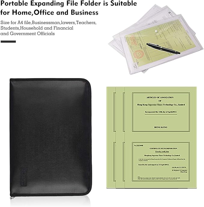 Expanding File Folder Important Document Organizer Fireproof & Waterproof Document Bag with A4 Size 3 Pockets Zipper Closure Non-Itchy Silicone Coated Portable Filing Wallet Pouch(14.3inx9.8inx1.6in)