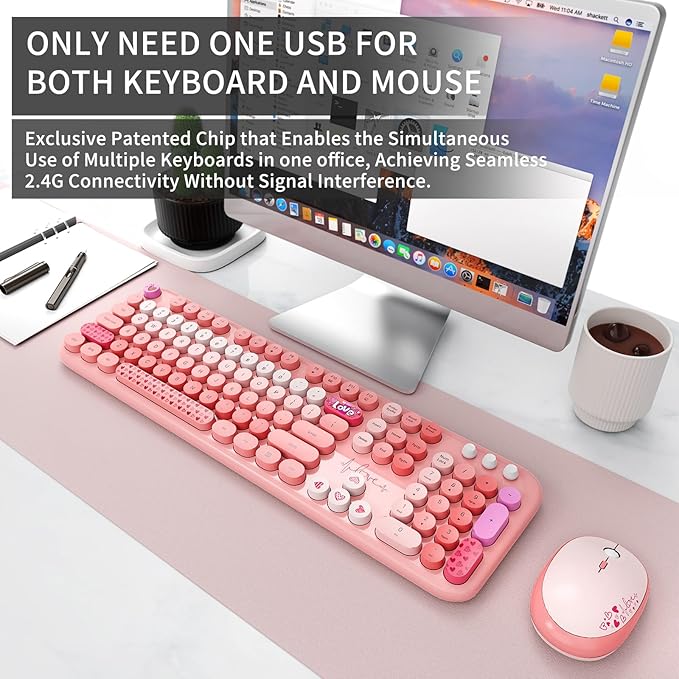 Wireless Keyboard and Mouse Combo, 104 Round Keys Full-Size Cute Colorful Pink Cordless Keyboard and Mouse with Retro Typewriter for PC/Mac/Laptop/Tablet/Computer/Windows Pink