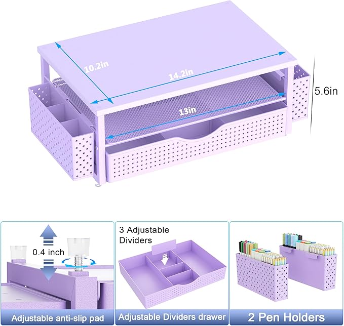 Desk Organizer and Accessories, Computer Monitor Stand Riser with Drawer and 2 Pen Holders, Office Desk Accessories & Workspace Organizers for Office Supplies (Purple)