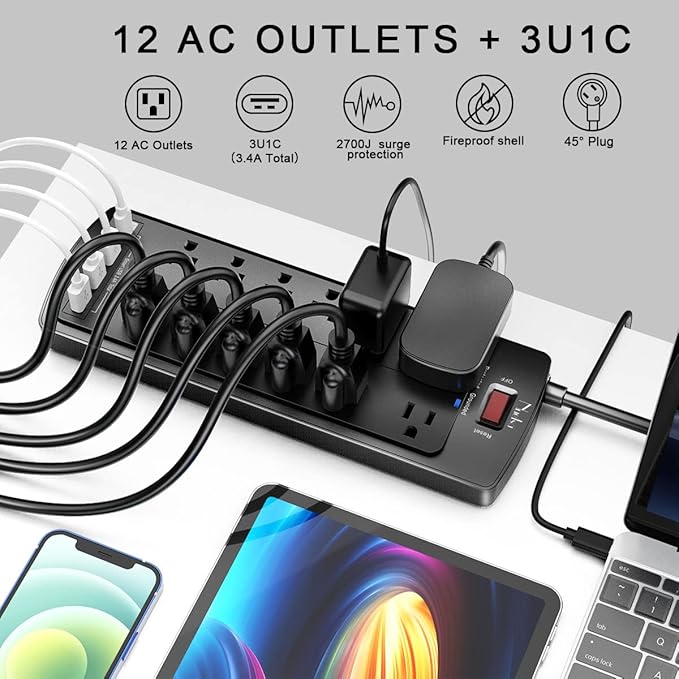 Power Strip, Nuetsa Surge Protector with 12 Outlets and 4 USB Ports, 6 Feet Flat Plug Extension Cord (1875W/15A) for for Home, Office, Dorm Essentials, 2700 Joules, ETL Listed (Black)