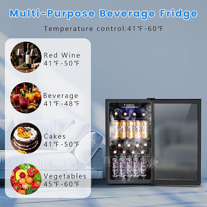 26 Bottle Wine Cooler 130 Can Beverage Refrigerator, Small Freestanding Cabinet Wine Cellar with 40℉-61℉ Temperature Control Glass Door, Black