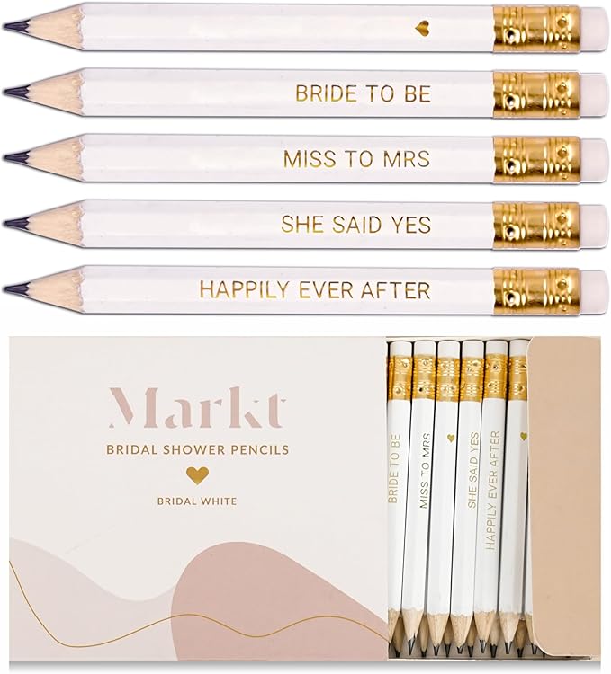 Markt Mini Pencils for Bridal Shower Games, Bridal Shower Pens, Heart Pencils, Small Pencil Set For Prizes, Game Winner Gifts (White)