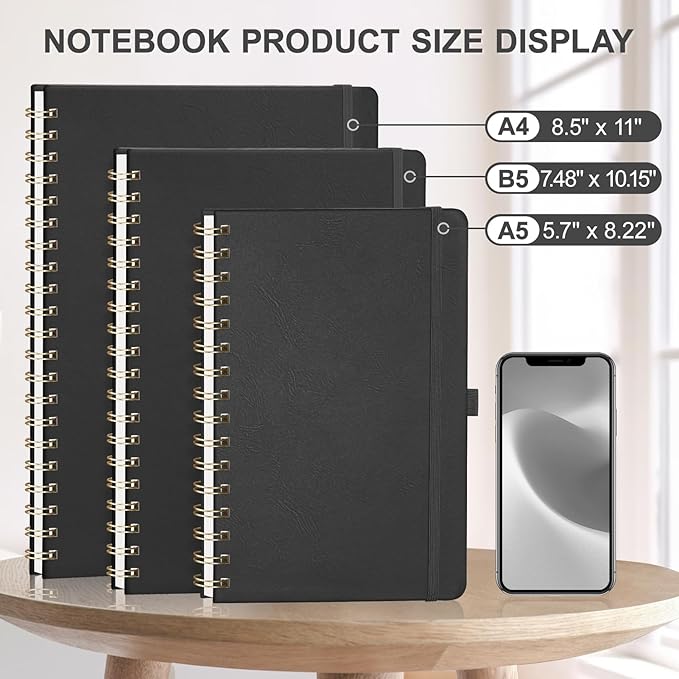 AHGXG Lined Spiral Journal Notebook, B5 Large Notebooks for Women Men, 140 Pages Hardcover Leather Notebook College Ruled, 100 GSM Paper, Notebooks for Work School Note Taking, 7.6" x 10", Black