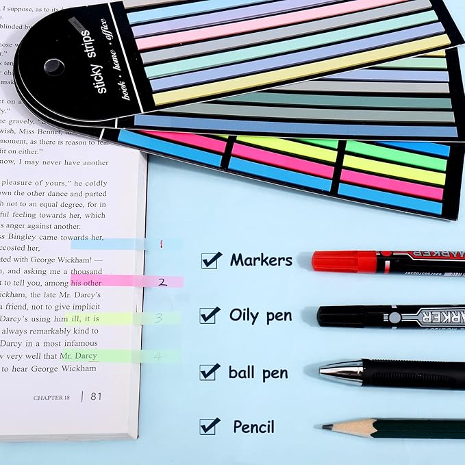 Juome 1280Pcs Highlighter Tape, Transparent Sticky Long Page Markers Tabs, Morandi Clear Highlighter Strips Flags Stickers, Book Tabs for Annotating Books Aesthetic Office School Study Supplies