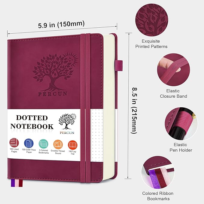 PERCUN Dotted Journal Notebook for Men & Women, 160 Pages Dot Grid notebook for Note Taking, Bullet Journaling Notebook for Work, School, Travel, Writing,A5 Hardcover 5.9" x 8.5" (Burgundy)