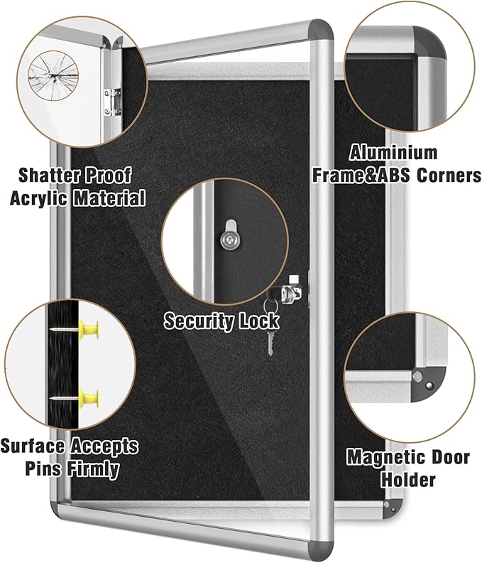26"x20" Enclosed Bulletin Board, Lockable Weather-Resistant Aluminum Cork Noticeboard for School & Office, Silver Frame w/Black Flet
