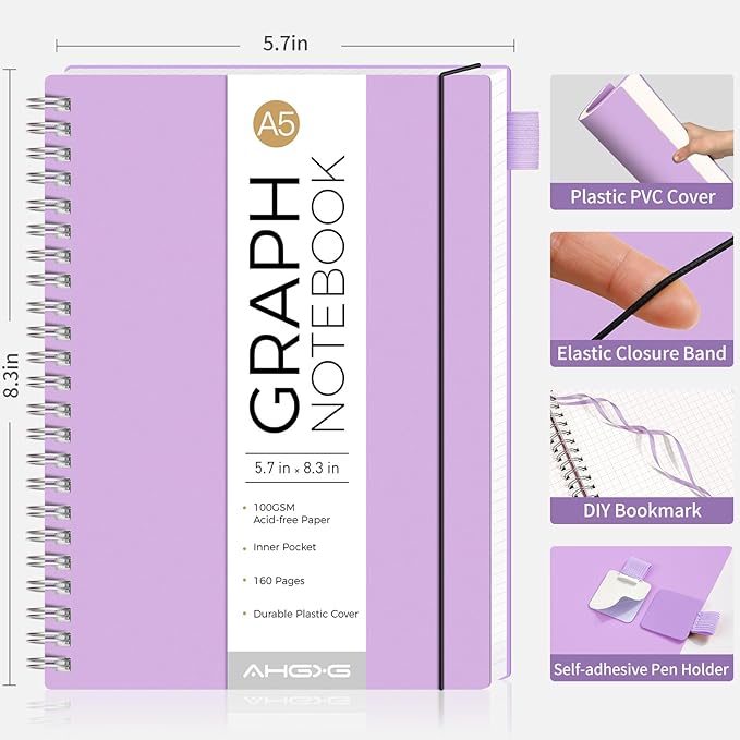 AHGXG Graph Paper Notebook - Spiral Notebook Journal 160 Pages, A5 Graph Notebook 5.7" x 8.3", 100 gsm Thick Grid Paper, Waterproof Plastic Cover, for School Writing Engineering Math, Purple