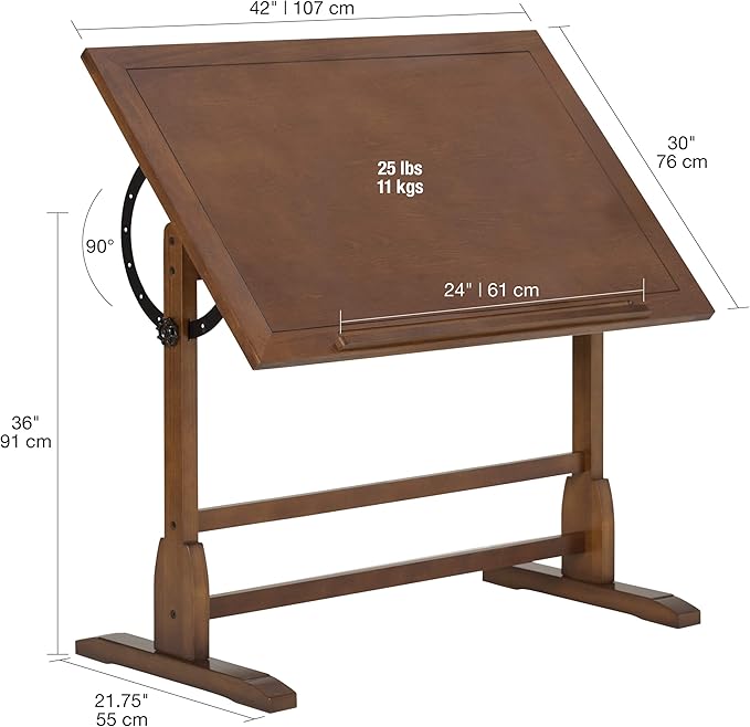 Studio Designs Vintage Drafting Table - Antique Design Solid Wood Drafting Table with Built-In Pencil Groove and Pencil Ledge - Angle Adjustable Work Surface