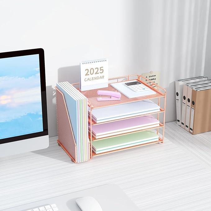 Spacrea Desk Organizers and Accessories, Paper Organizer for Desk with File Organizer, Desk Accessories & Workspace Organizers for Office Supplies (Rose Gold)