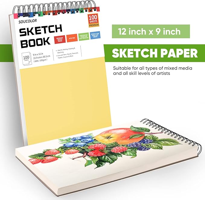College Graduation Gifts, Halloween Christmas Gifts, Nursing Student Essentials, Teacher Appreciation Gifts, Soucolor 9" x 12" Yellow Sketch Book, 1-Pack 100 Sheets Spiral Bound Drawing Paper