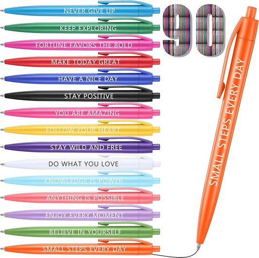 90 Pcs Ballpoint Motivational Pen Inspirational Quotes Black Ballpoint Gel Ink Pens Bulk for Coworkers Retractable Rolling Ball Ballpoint Pens for Party Favors Back to School Gifts Supplie