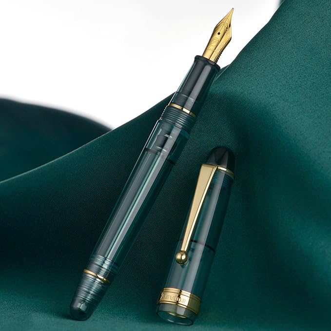Asvine V126 Vacuum Filling Fountain Pen Gold Plated Fine Point, Transparent Teal Acrylic Pen Gift Case