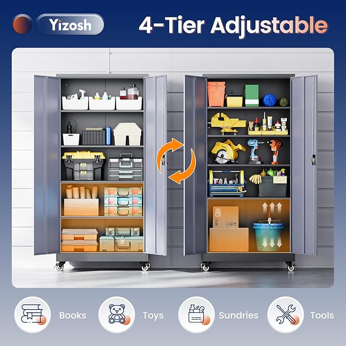 Yizosh Metal Garage Storage Cabinet with Locking Doors and Adjustable Shelves,- 75" Rolling Steel Tool Cabinet for Home Office,Garage,Warehouse