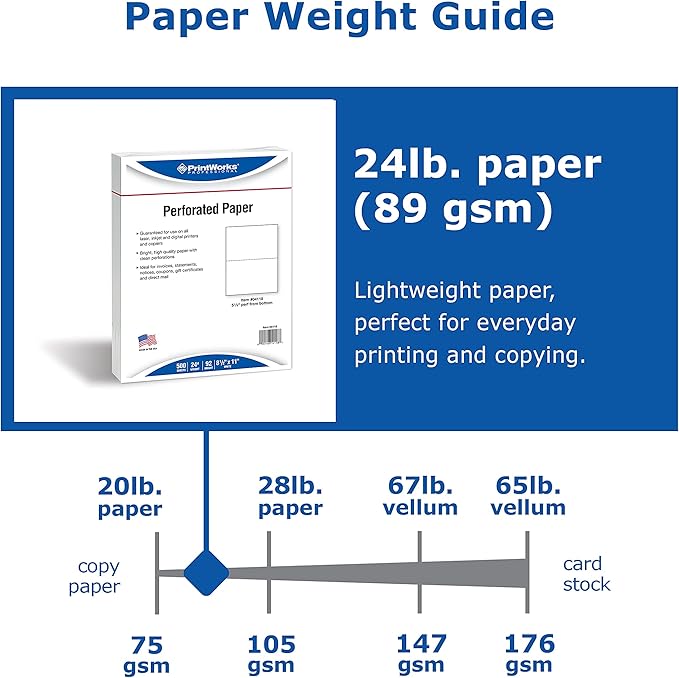 PrintWorks Half Sheet Perforated Paper, 8.5 x 11, 24 lb, 500 Sheets, White (04118)