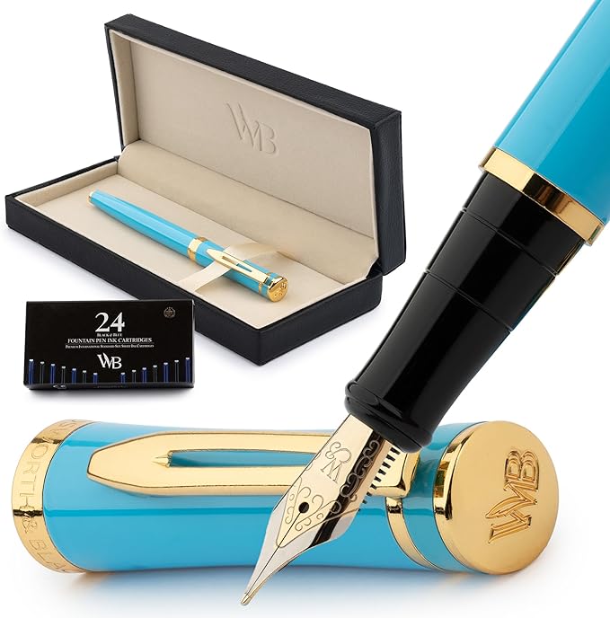 Wordsworth & Black Fountain Pen Set, Medium Nib, 24 Ink Cartridges and Ink Refill Converter, Gift Case, Journaling, Calligraphy, Smooth Writing Pens [Sky Blue, Gold Finish], Perfect for Men and Women