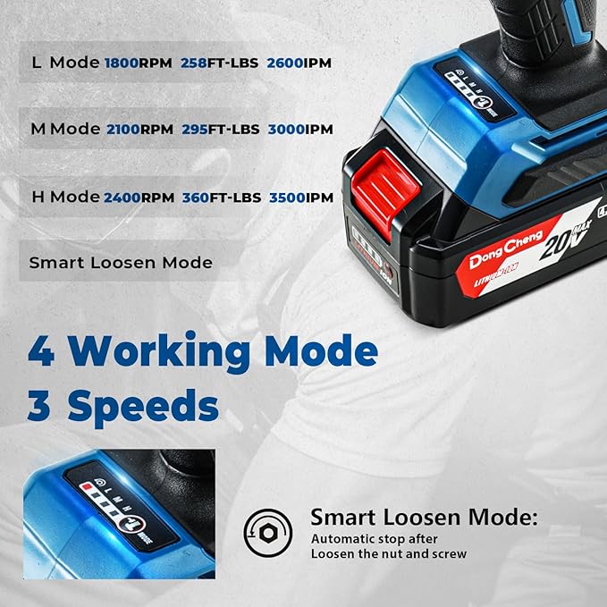 Dong Cheng 20V Brushless Impact Wrench, Max Torque 360 ft-lbs (488N.m), 1/2" with 3 Mode Speed, 2400 RPM Cordless Impact Gun, Includes 2 * 4.0Ah Battery and Charger, 4 Impact Sockets and Kit Bag