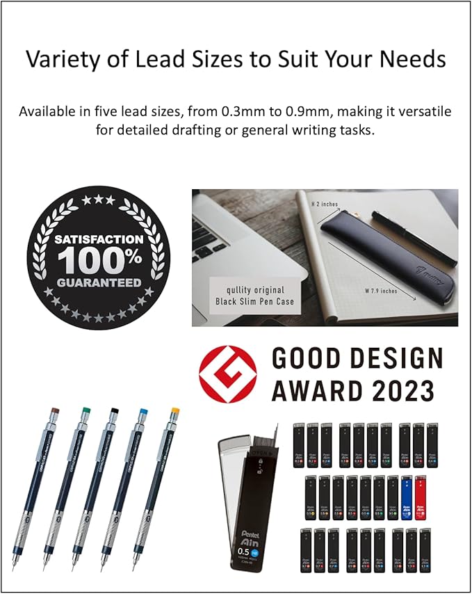 Graphlet Mechanical Drafting Pencil + Ain HB/B/2B leads, original Black slim pen case (0.3mm)