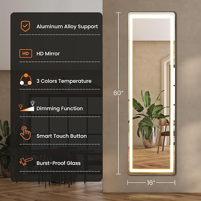 ALPEN Full Length Mirror with LED Lights, 60"x16"Floor Mirror with Dimming & 3 Color Lighting, Free Standing Floor Mirrors, Lighted Full Body Mirrors for Bedroom, Dressing Room, Cloakroom