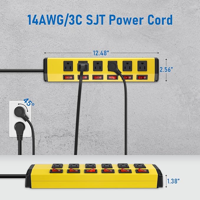ANNQUAN 6 Outlet Metal Power Strip with 6 Individual Switches,Heavy Duty Power Strip 1200J 15A 6FT Cord Home Office Industrial Commercial Shop