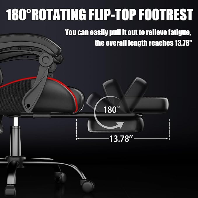 Gaming Chair, Ergonomic Office Computer Chair with Footrest and Lumbar Support Massager Racing Style High Back Video Gamer Chair, Wide＆Thick Cushion, 90°-135° Recline, Adjustable Height, Red
