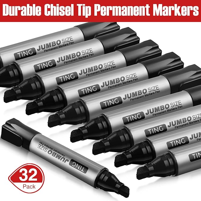 Fuutreo 32 Pcs Jumbo Permanent Markers Bulk Large Chisel Tip Permanent Markers Waterproof Jumbo Pens Quick Drying Office Teacher Supplies(Black)