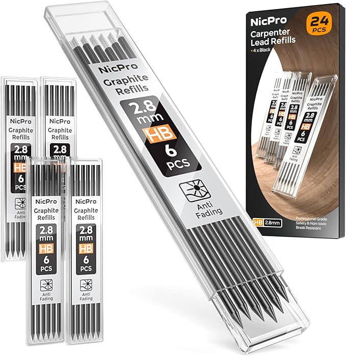 Nicpro 24 Pieces Carpenter Pencil Lead Refills 2.8mm, Break Resistant Leads for Construction and Woodworking Pencils (Black)